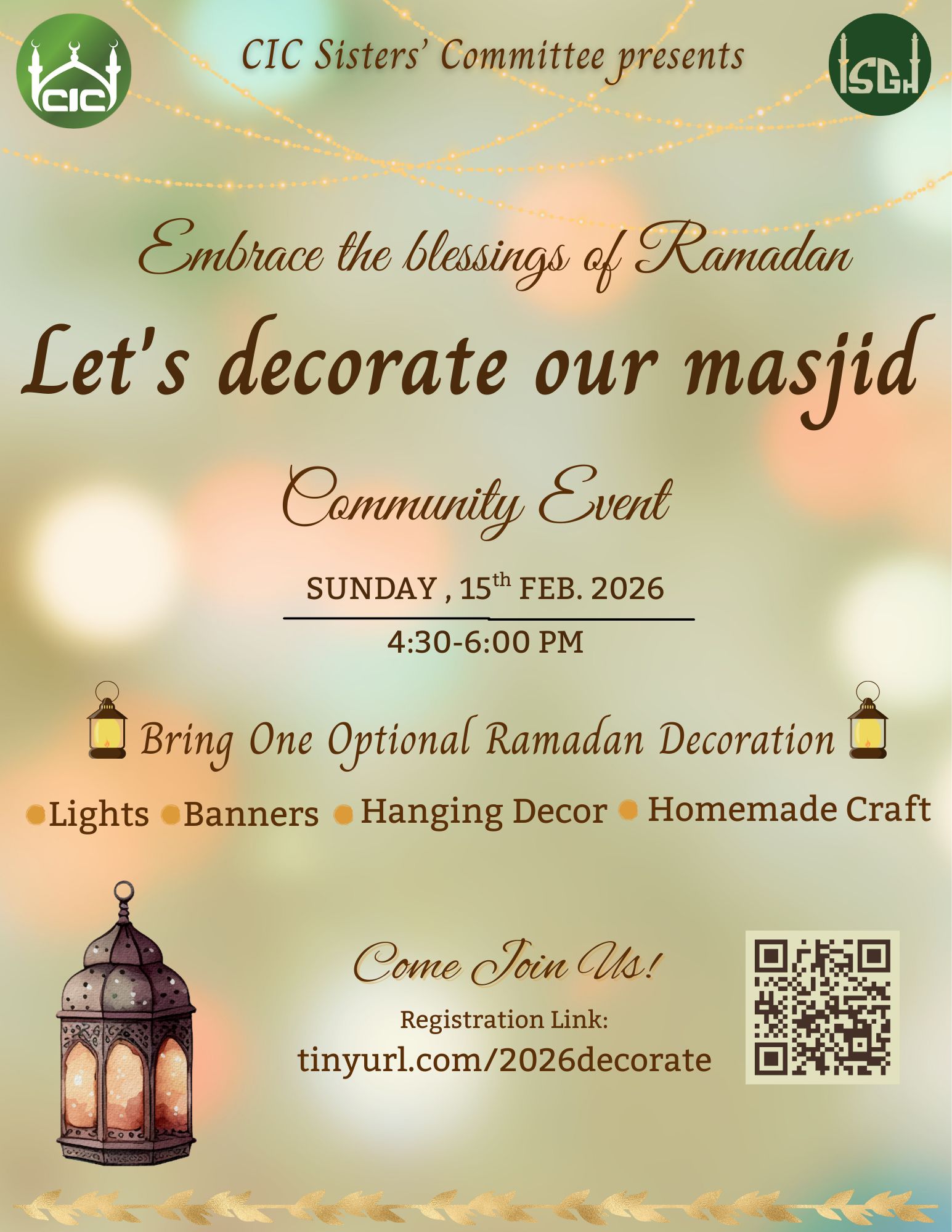 Let's decorate our masjid event on Feb 15, 2026 at 4 pm