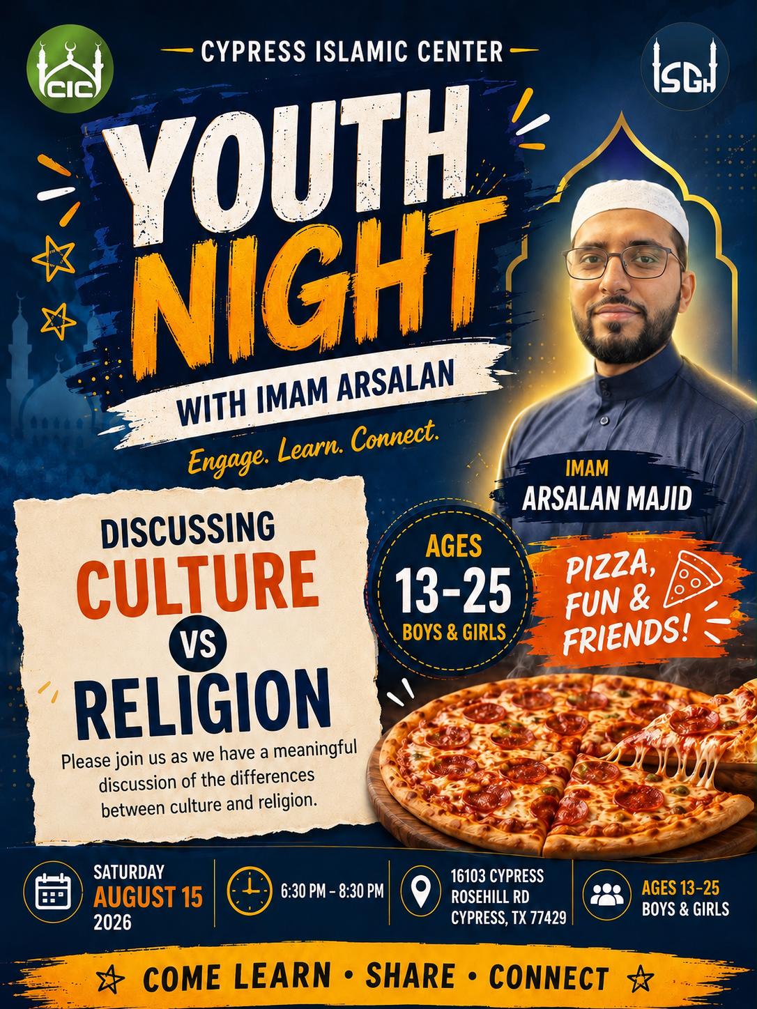 youth night with Imam Arsalan on Aug 15, 2026 from 6-8pm